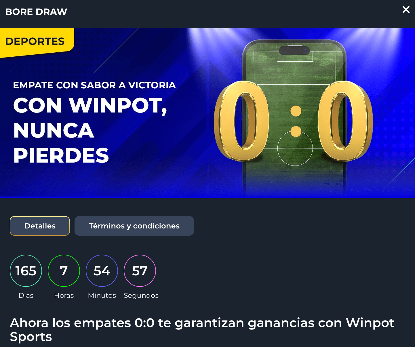 Winpot México te hace un cashback si el partido en el que apostaste termina con empate a 0